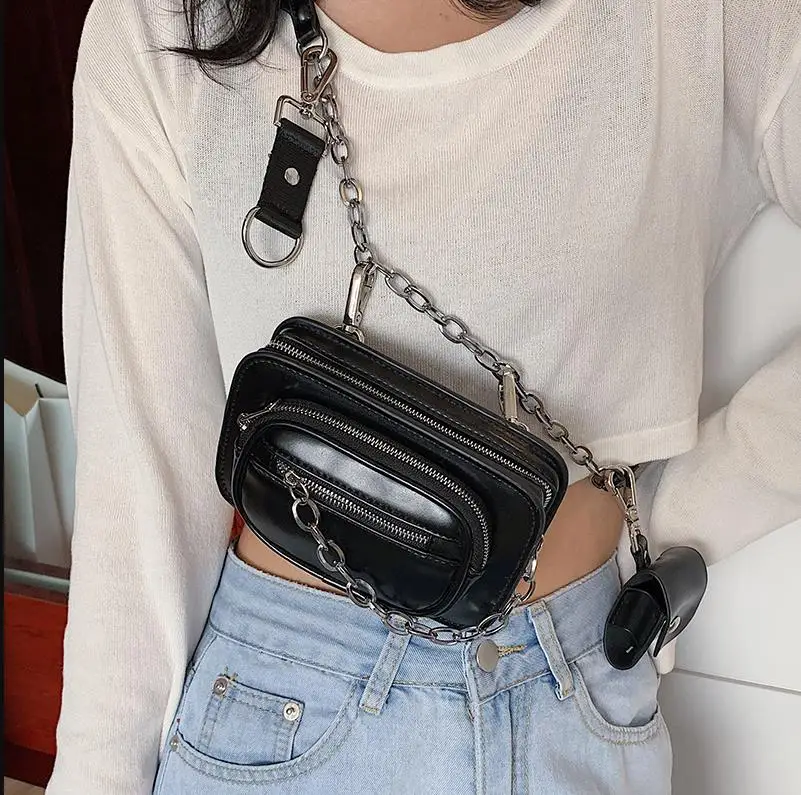 Fashion Women Messenger Bag mini Chain sling bag for ladies Mobile Wallet black PU leather chest bag Purse bolsa feminina