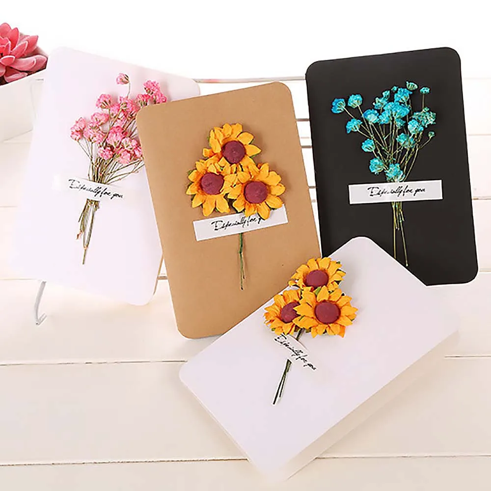 Dried Flowers Greeting Card Wedding Invitations DIY Kraft Paper Handwritten Blessing Greeting Cards Birthday Thank You Envelope