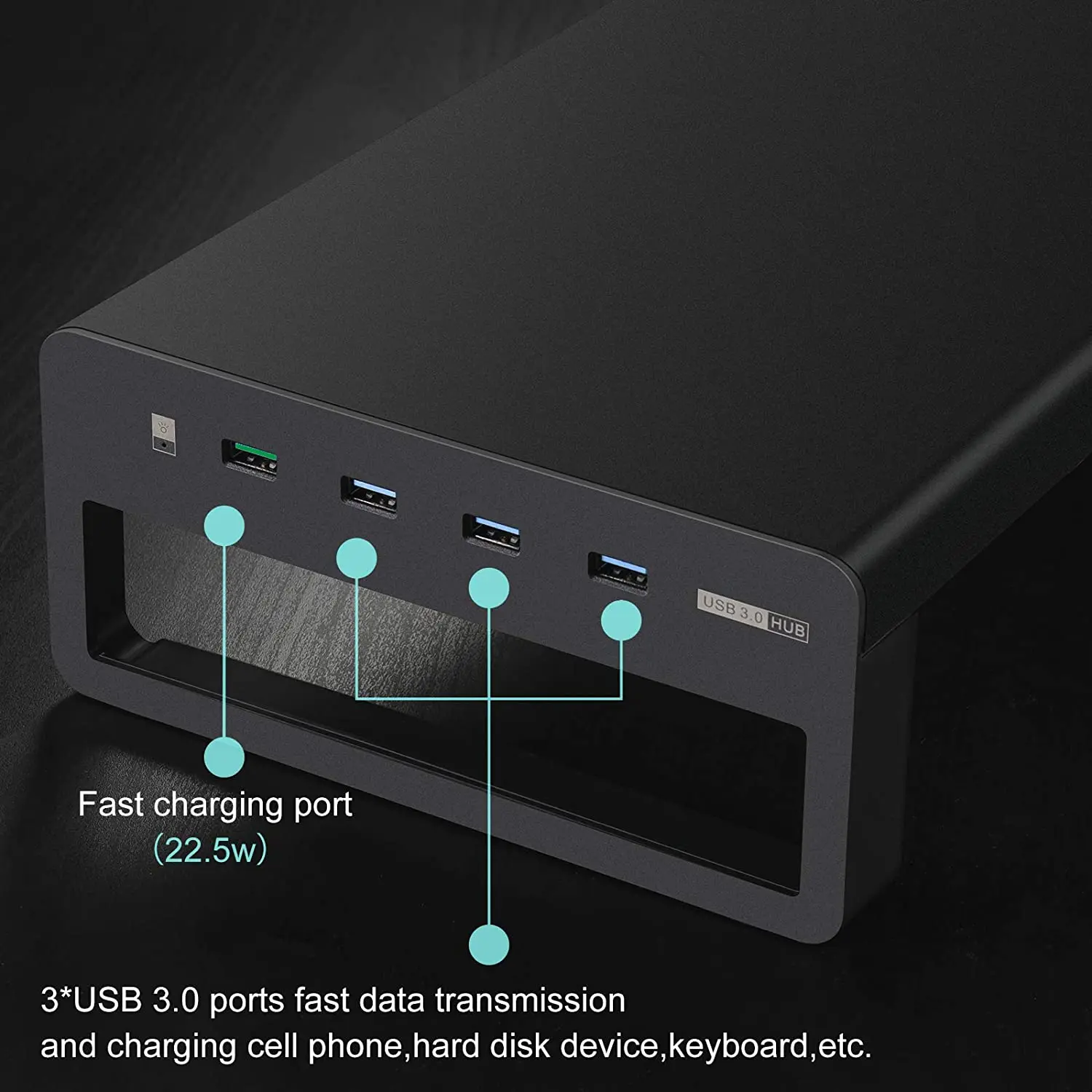 Suporte de alumínio de riser usb 3.0 lptop do suporte do monitor de carregamento rápido com dados de transferência de carregamento rápido, teclado e mesa de armazenamento do rato