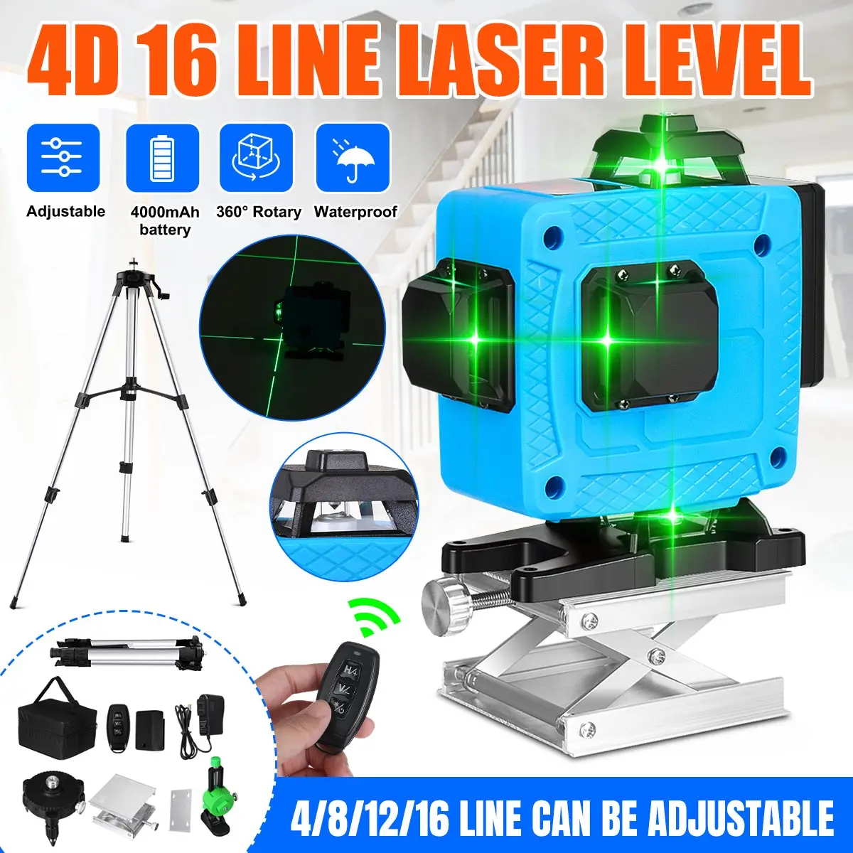 16 Lines 4D Green Laser Level Self-Leveling 360 Degrees Horizontal And Vertical Cross Lines Green Laser Line With Tripod Battery