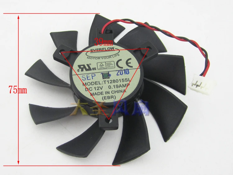 

Everflow T128015SL DC 12V 0.19A Dia.75mm C.T.C 39mm 2-Wire Server Cooling Fan