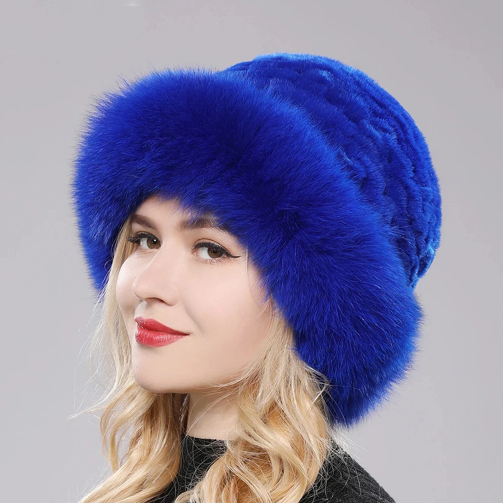 Luxury Women Winter Hat Real Rex Rabbit Fur Bomber Hats Lady Winter Genuine Fox Fur Cap Beanies Warm Soft Fluffy Natural Fur Hat