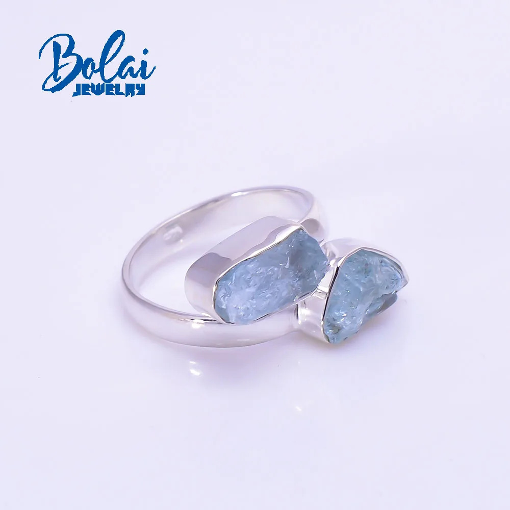 Bolaijewelry Handmade Natural aquamarine original rough ring unique original design 925 sterling silver women's fashion jewelry