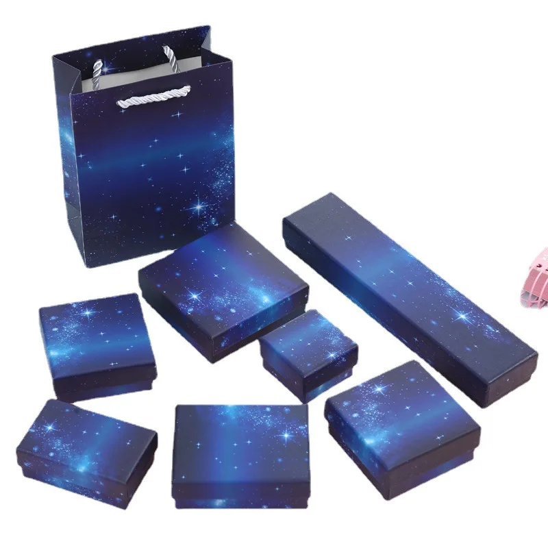 

12Pcs New Arrive Starry Sky Blue Kraft Paper Jewelry Packaging Boxes For Ring Earring Bracelet Necklace Package Gift Box Bag