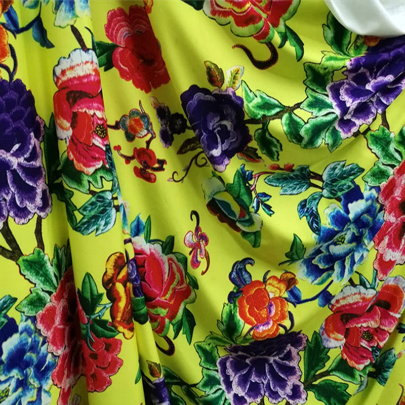 Good,Yellow,4 Ways Stretch,Milk Silk Knit Cotton/Spandex Fabric,Peony Flower Print Fabric,Diy Sewing Women Dress/T-Shirt/Pants