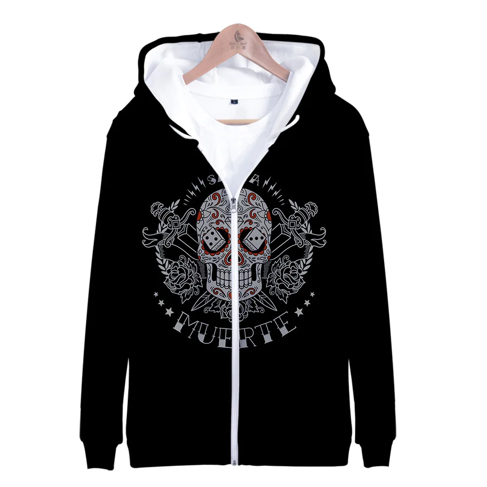 Day Of The Dead Sugar Skull 3D Print Zip Up Wanita/Pria Hoodie Sweatshirt Streetwear Hip Hop Ritsleting Jaket Berkerudung Halloween