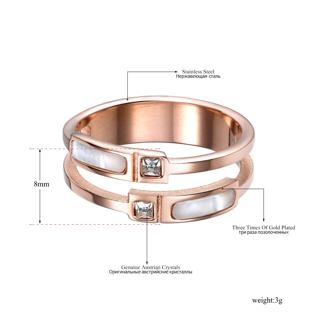 JeeMango New Rose Gold Color Double Shell & Cubic Zirconia Finger Rings Jewelry Stainless Steel Wedding Ring For Women JR18005