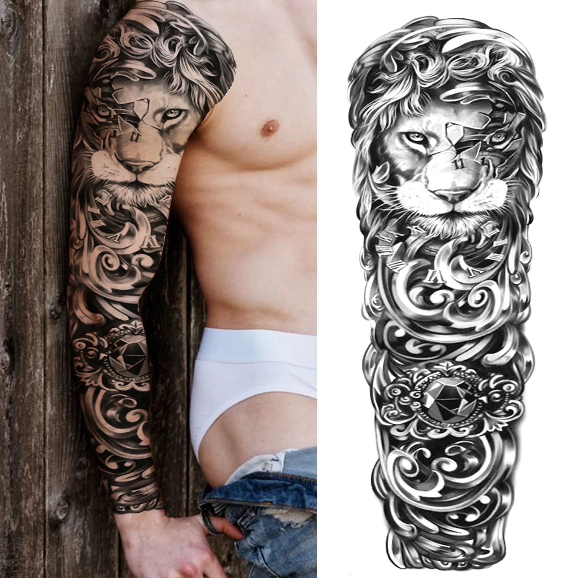 3D Lion Temporary Tattoo Sleeve For Men Women Adult Compass Fake Flower Tattoos Sticker Black Warrior Rose Tatoos Arm Supplies