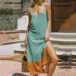 2020 Bohemian strappy long V neck Floral print BOHO Dress Summer Holiday Woman Side Slit Spaghetti Strap Dresses Sling Vestidos