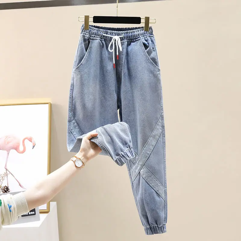 High-Waisted Woman Jeans Tooling Ankle Banded Pants Capri Women Denim 2020 Fall Loose Plus Size Harem Pants Trousers Women Jeans