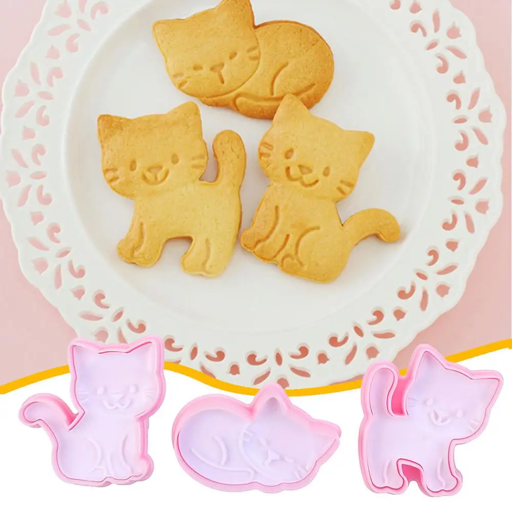 3Pcs/Set Cat Cookie Biscuit Plunger Cutter Fondant Cake Mold Baking Kitchen