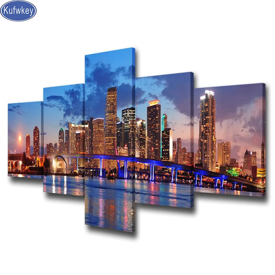 

Multi-panel diamond painting"Miami Beach Skyline Night Cityscape"Picture Of Rhinestones Mosaic Full Embroidery Cross Stitch 5 Pc