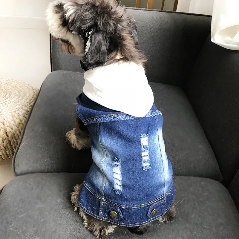 

Spring and Autumn Washed Cowboy Vest Small Puppy Teddy Poodle French Bulldog Hooded Vest Cat Dog Clothes Pet Clothing