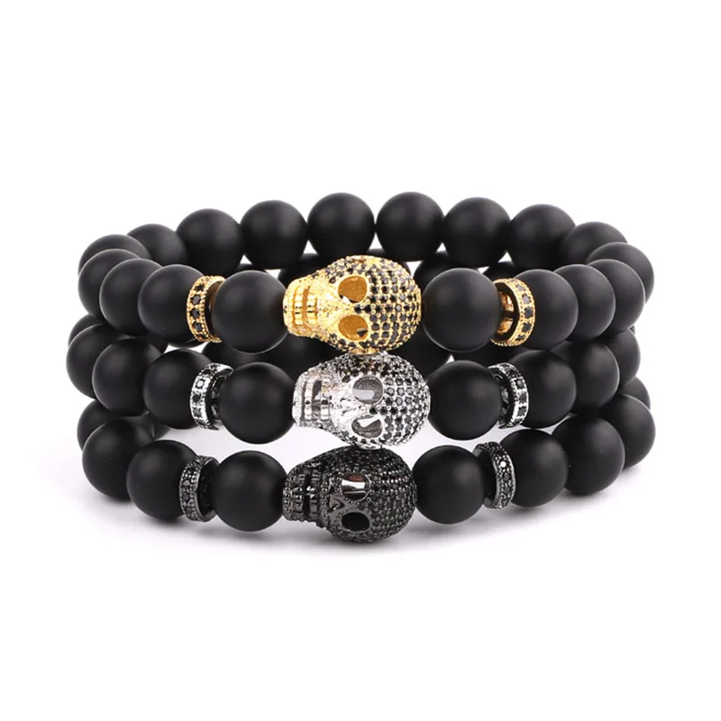 

New Men Bracelet Big CZ Skull Charm Natural Stone Beads Stretch Bracelet Men Large Bracelet