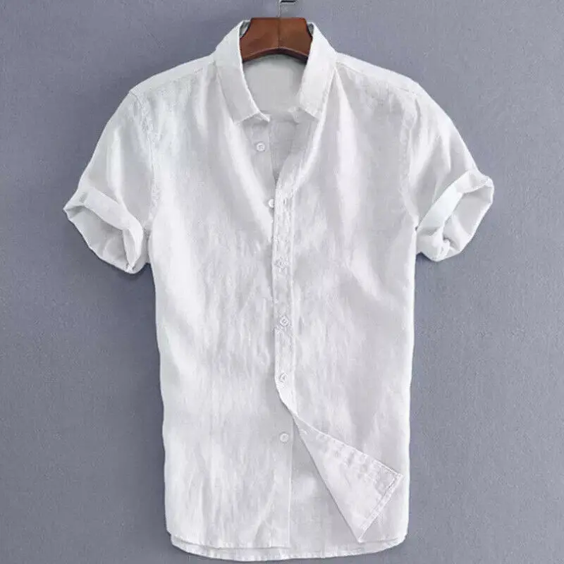 Men\'s Shirts Linen Short Sleeve Summer Solid Shirts Casual Loose Turn-down Collar Blouse Male Breathable Shirt Chemises homme