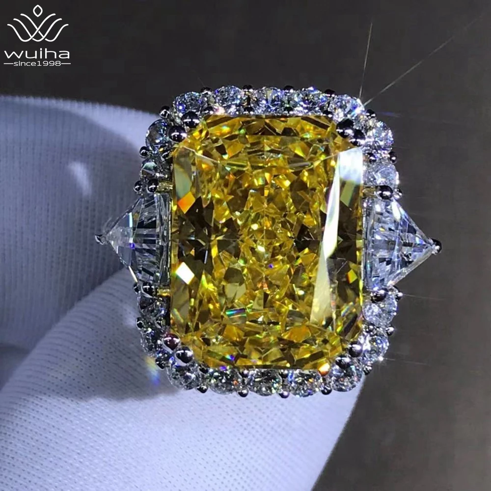 

WUIHA 100% 925 Sterling Silver Radiant Cut 10CT VVS1 Yellow Created Moissanite Wedding Engagement Customized Ring Fine Jewelry