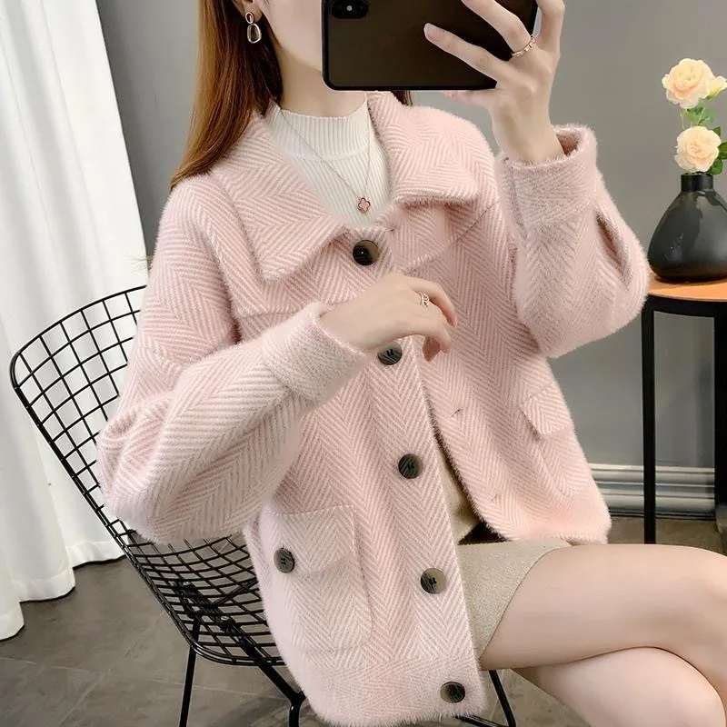 Korean Autumn Winter Thick Striped Mink Cashmere Woolen Coat Women Student Outerwear Loose Short Big Pocket Woolen Jacket Female