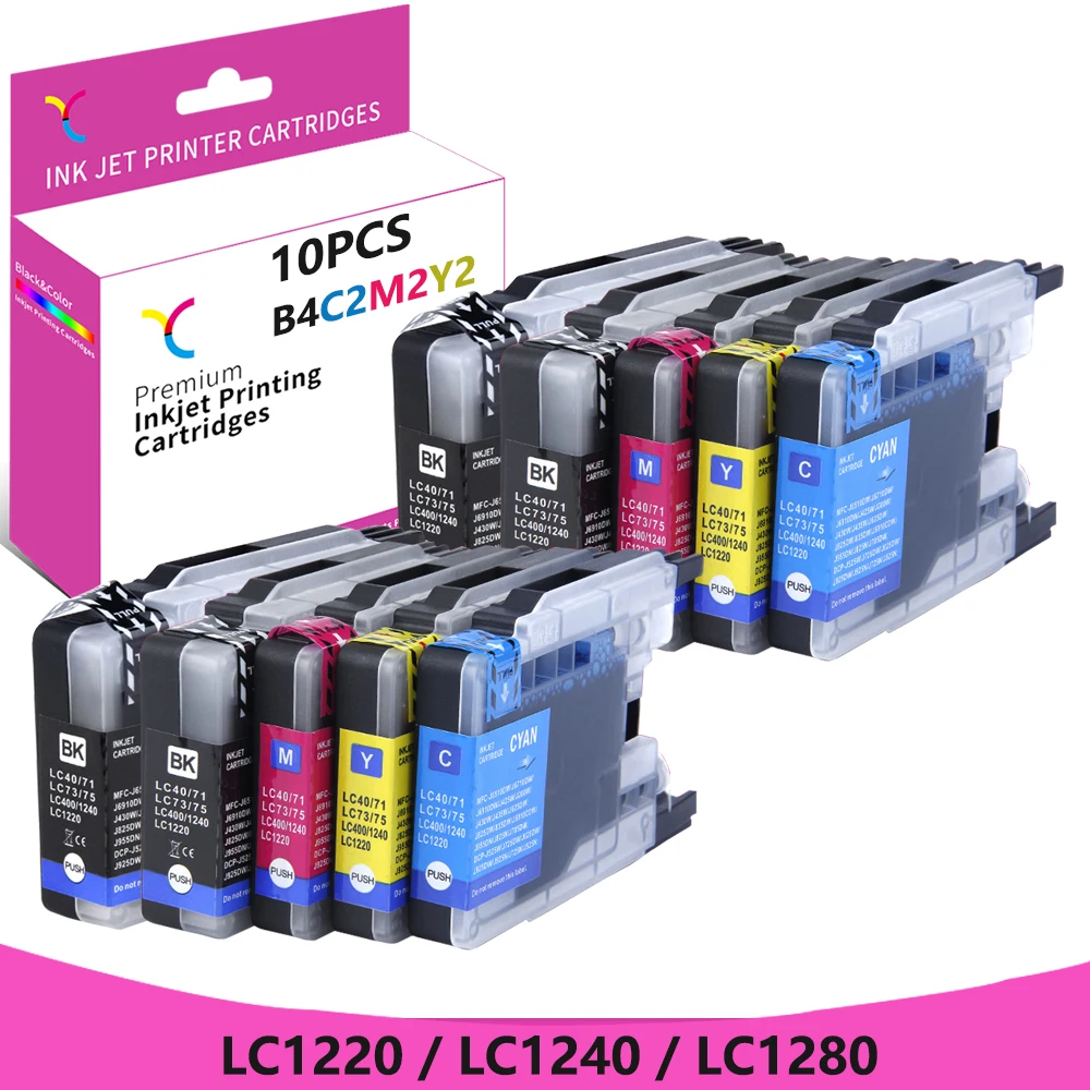 Yc 10 peças lc1280bk lc1280c lc1280m lc1280y lc1240 tinta compatível com flash j5910dw j625dw j6710dw j825dw j835dw