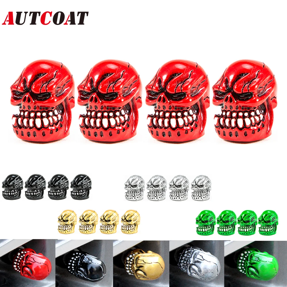 AUTCOAT 4Pcs/Set Skull Skeleton Head Car Wheel Tire Air Valve Stem Cap Dust Covers Personality Tire Valve Cap