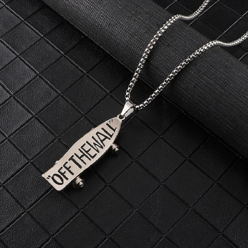 OFF THE WALL Slogan Skateboard Pendant Necklace Ladies Men Stainless Steel Pendant Necklace Punk Jewelry Wholesale