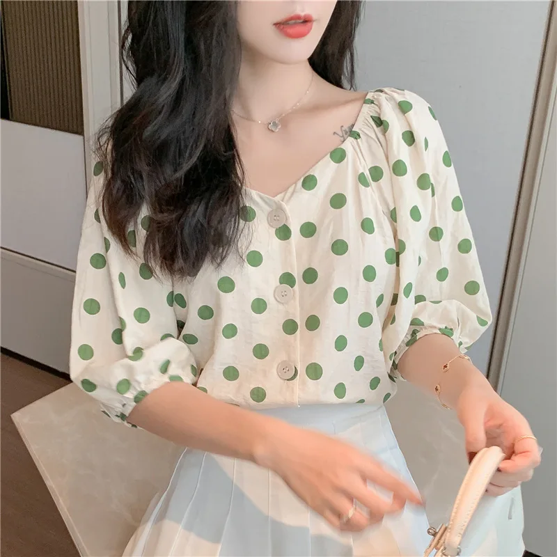 Dot Print Womens Tops En Blouses Zomer Geel Groen Blusas Casual Losse Shirt Bohemen 2020 Chemisier Femme Knop Blouse Mujer