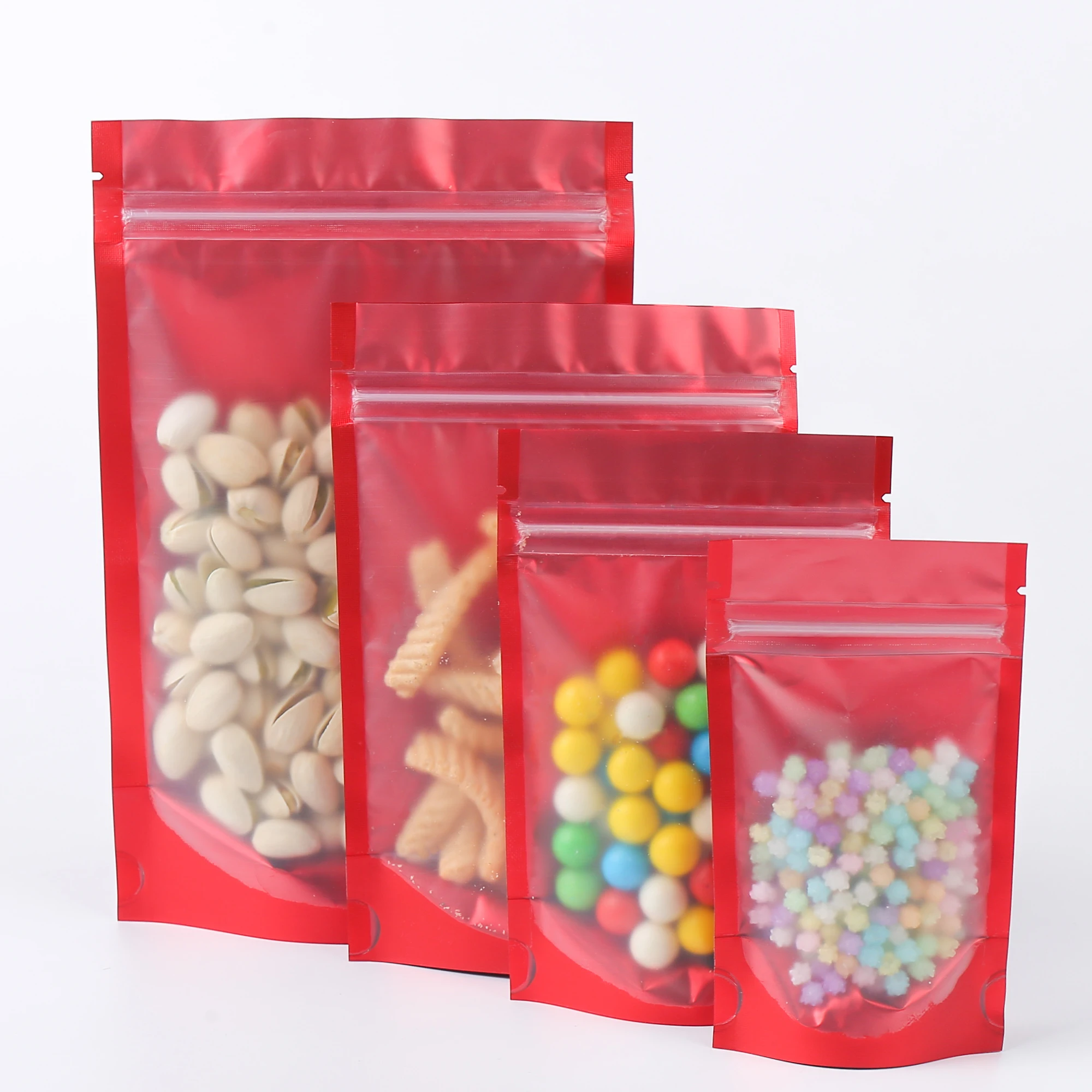 Mylar Storage Bags, Recyclable Coffee Bean Packaging Bags, Matte Red, Zip Lock, Clear Front Stand Up Pouches, Eco Aluminum Foil