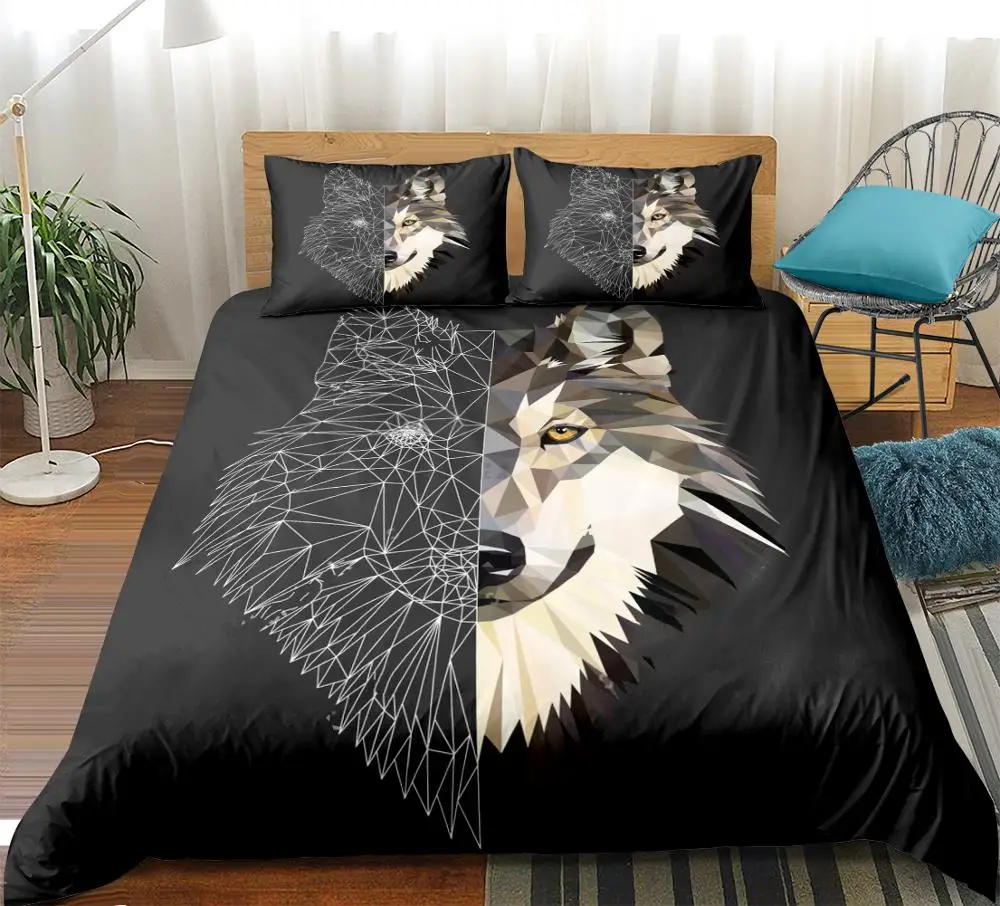 Black Wolf Duvet Cover Set Wild Animal Bedding Triangular and Wireframe Wolf Quilt Cover Queen Bed Set Black 3pcs Dropship