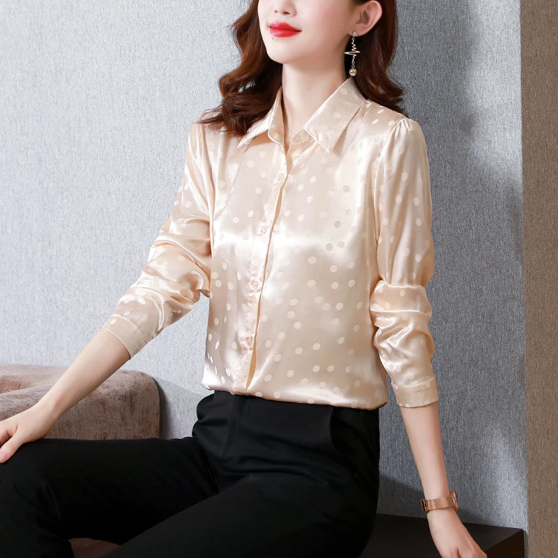 Polka Dot Satin Silk Blouse Women\'s Shirt Elegant Office Ladies Work Shirt Spring Autumn Long Sleeve Silk Tops Female Clothes