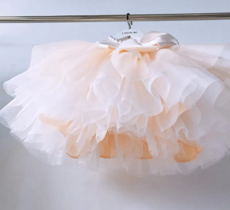 Beads Tulle Flower Girls Baptism Dresses Long Sleeve Baby Girl Princess Wedding Gown Infant 1 Year Birthday Christening Clothes