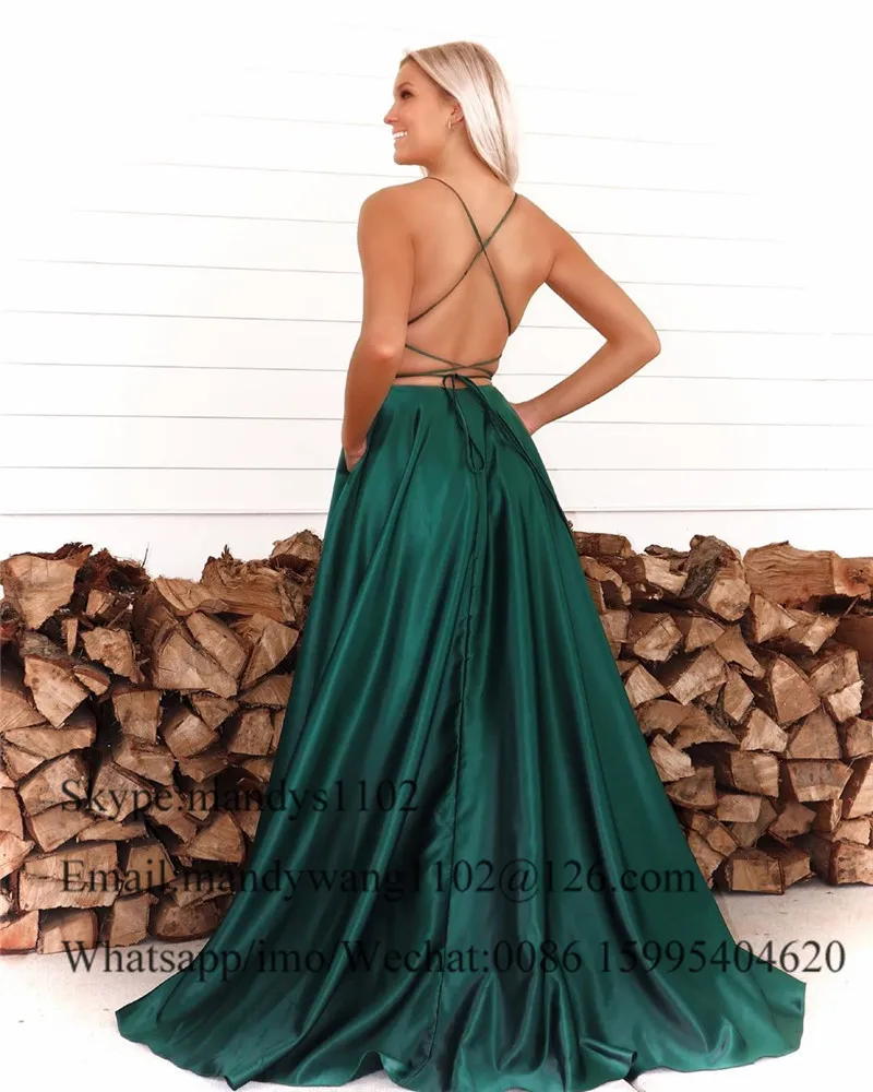 Mbcullyd Emerald Green Prom Dresses Long Split 2020 Sexy Corss Backless Evening Party Dress Cheap Vestidos de fiesta de noche