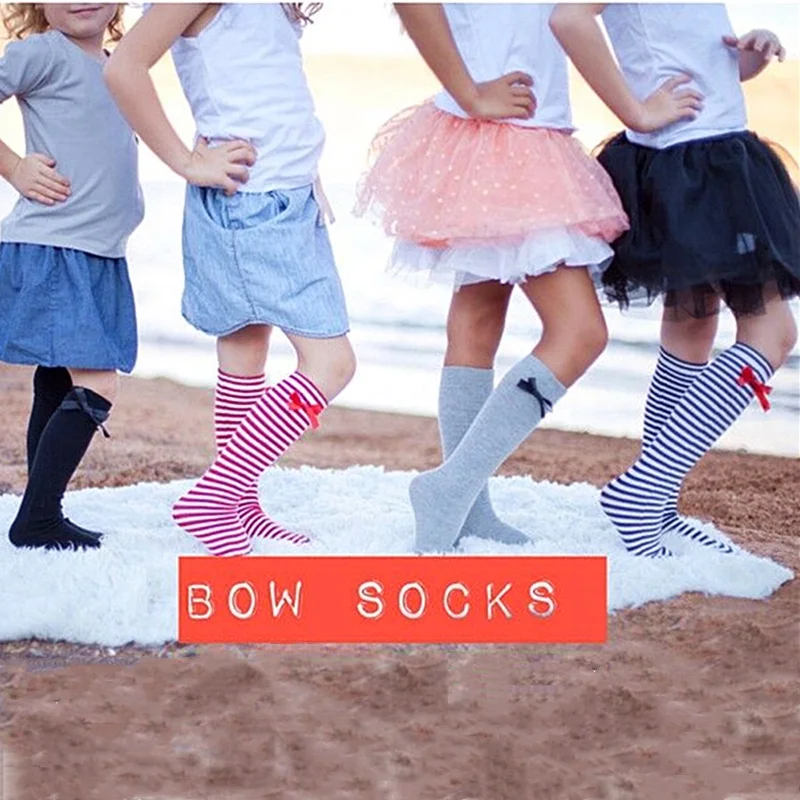 1 pair Baby Girl Knee High Socks Girl\'s Sweet Princess Bowknot Striped Boot Stocking Spring Autumn Kids Stocking White Black Red