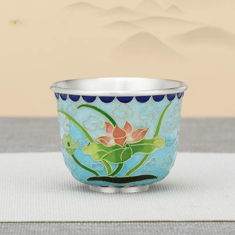 Sterling Silver S999 Tea Cup Handmade Cloisonne Chinese Old-fashioned Retro Tea Set Silver Kung Fu Tea Cup