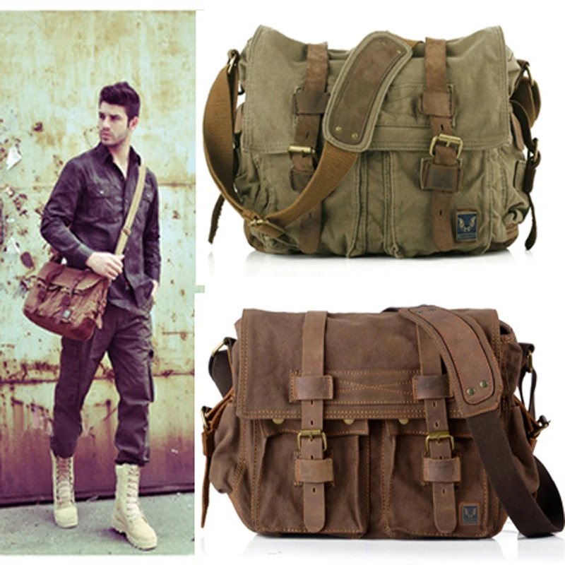 Hot Vintage Cotton canvas + Genuine Leather Men Messenger bags Crossbody Bag Sling Male Casual Bag canvas Shoulder bag for Men