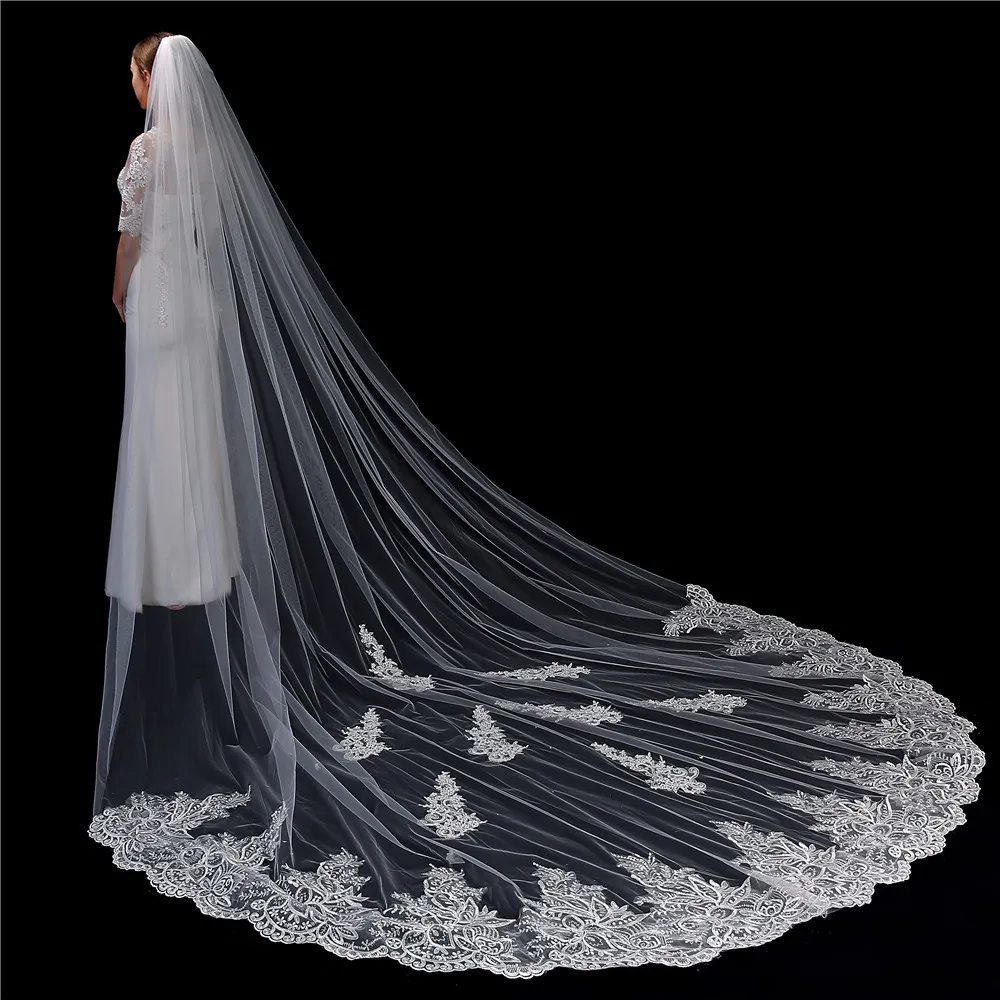 Braut Schleier 2021 Neue Luxus Hochzeit Klassische Spitze Rand Applizierte 3m Lange Kathedrale