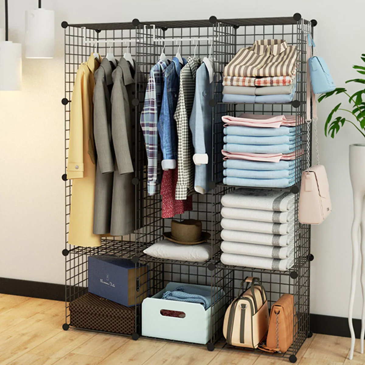 Multifunctional Black Metal Mesh Combination Storage DIY Cube Wardrobe And Modular Shelf Net Wire Mesh Shelf Home Organizer