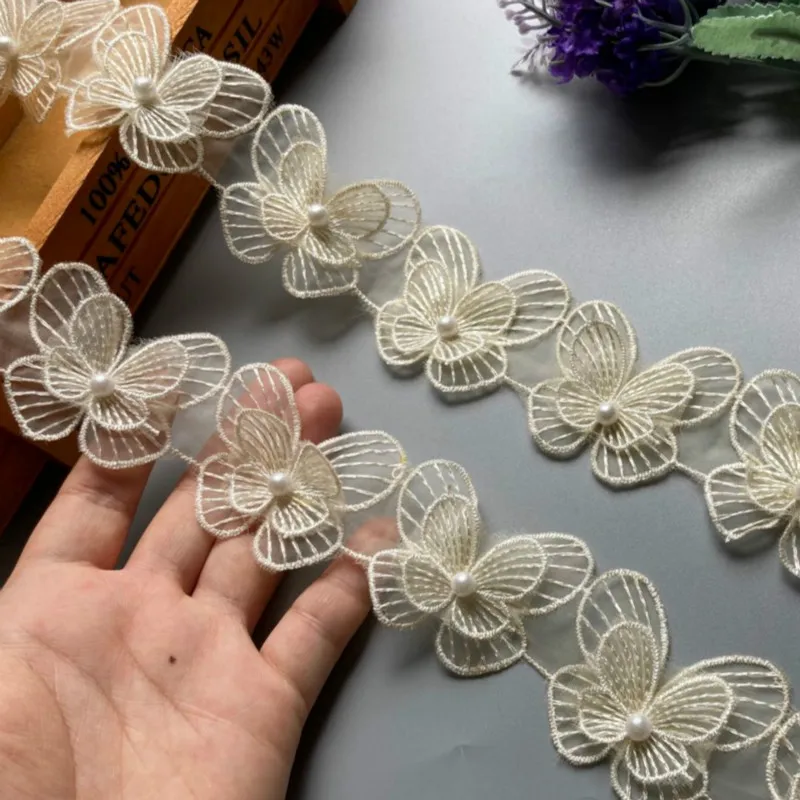 1 Yard Ivory Double Nail Bead Lace Flower Butterfly Buiter Lace Fabric Handcraft Embroidered Sewing Lacer Ribbon DIY Lace Trim