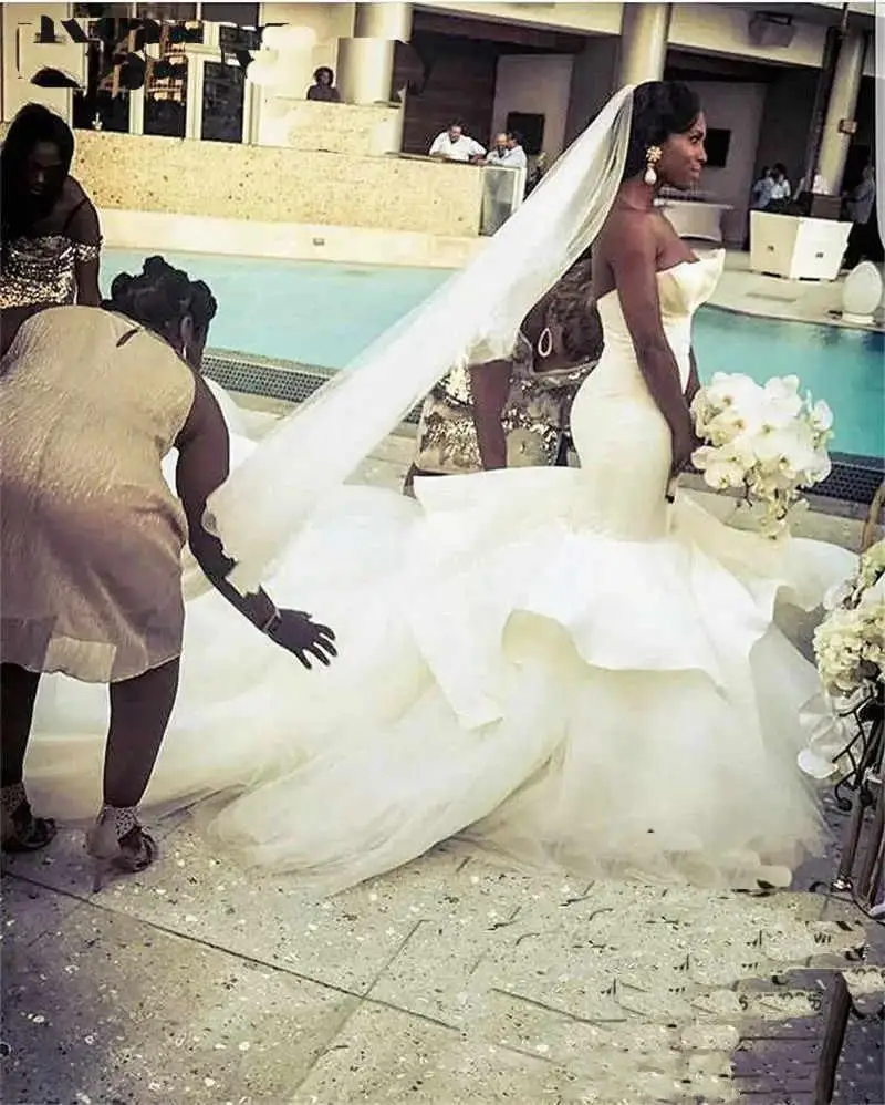 Personalizado design árabe sereia vestidos de casamento africanos trem catedral plus size babados tule nigeria trompete vestidos de noiva ve