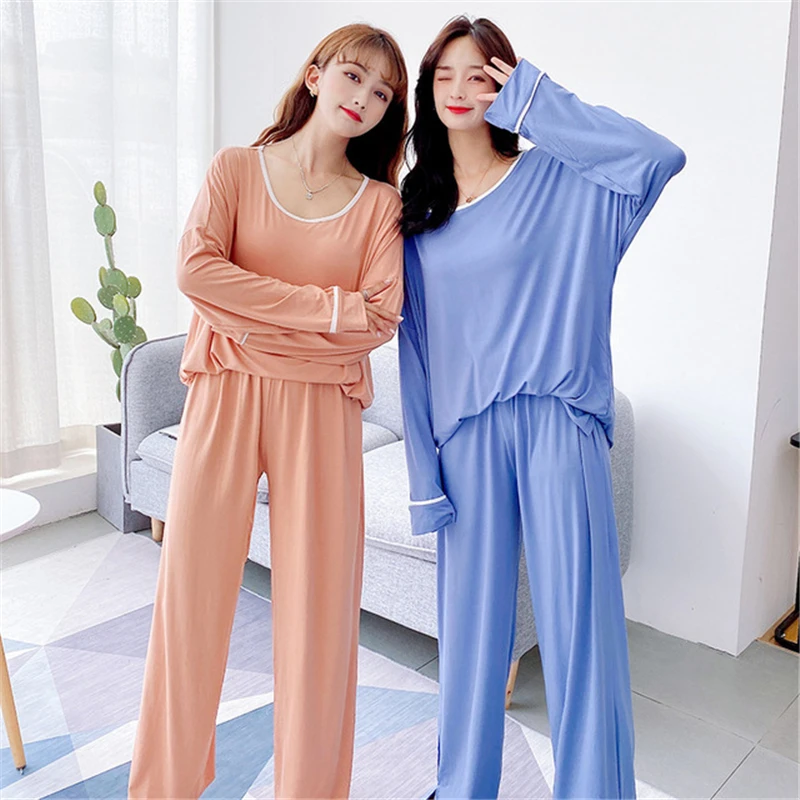 

Home Service Modal Long Sleeve Pajamas Suit Female Four Seasons Commuting Nightgown Casual Loose Luxury Solid Color Bathrobe