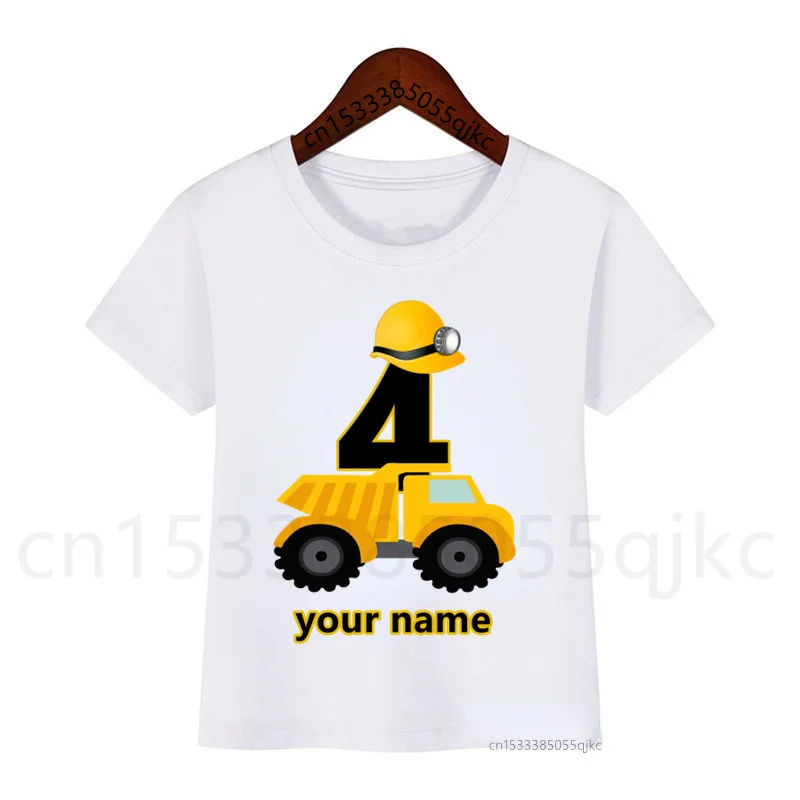 Children\'s Construction Truck T-shirt Excavator Tops Children\'s Fashion T-shirt Boys and Girls Construction Truck Birthday Shirt