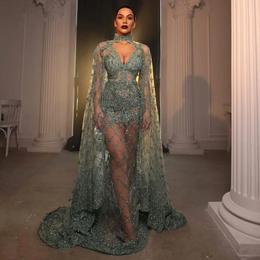 Dubai Luxury Green Lace Beaded Mermaid Evening Dresses 2024 Sexy See Thru Long Prom Gowns With Cloak Abendkleider