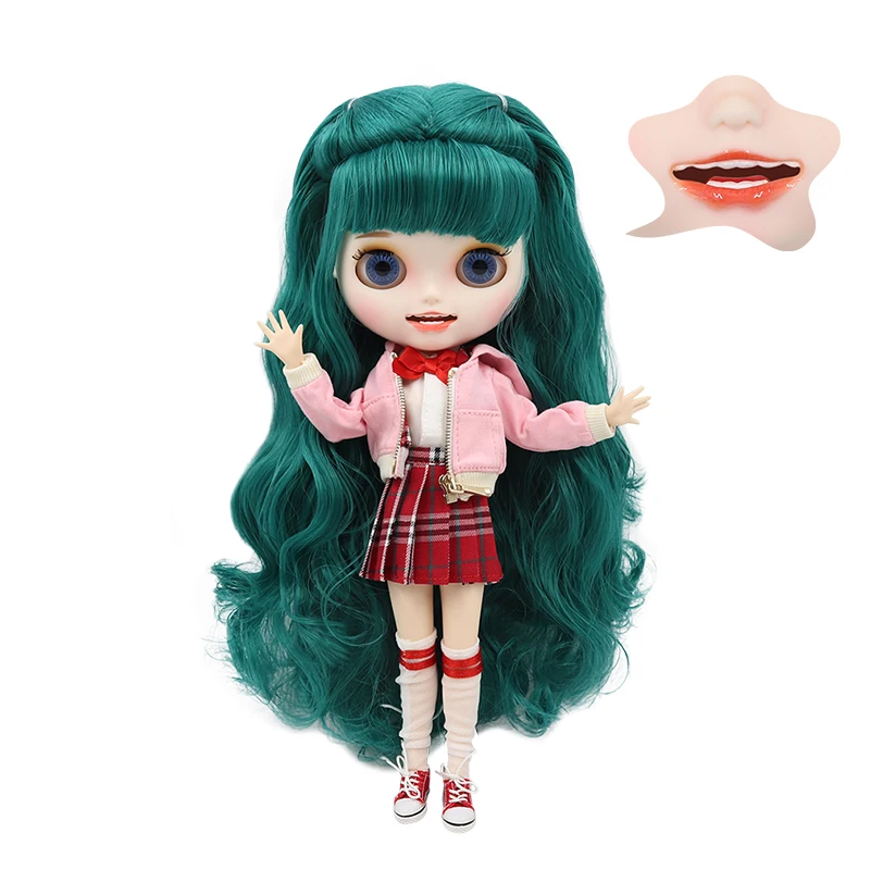 ICY DBS Blyth doll white skin Carved lips Open mouth Matte customized face joint body Green hair BL1206