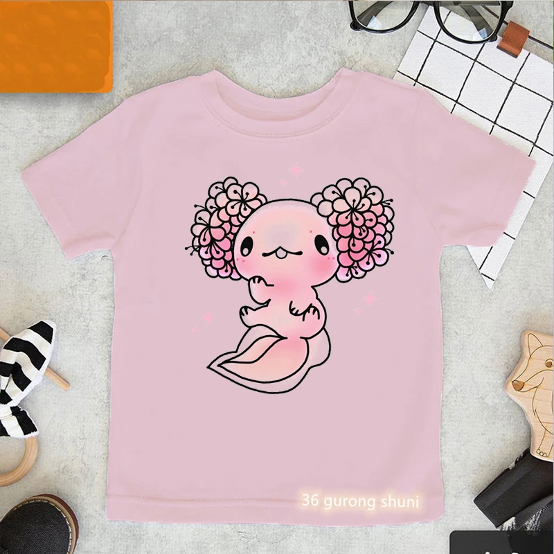 

Kawaii Sunflower Axolotl Cartoon Print T-Shirt Girls Funny Pink Kids Clothes Harajuku Shirt Birthday Gift T Shirt Summer Tops