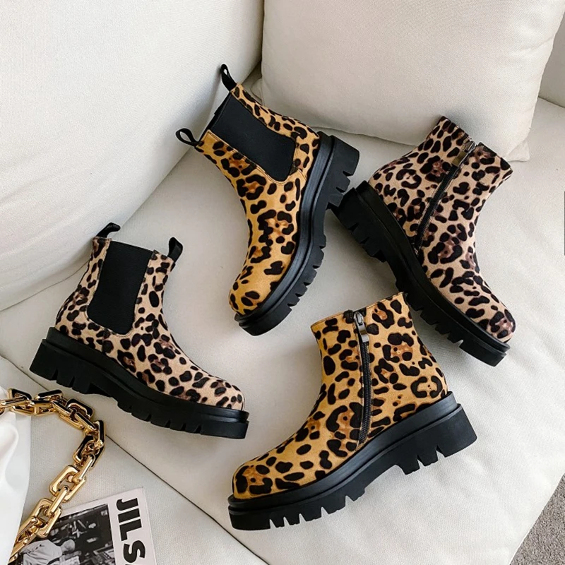 Fashion Chunky Platform Boots Women Autumn Winter Thick Bottom Short Boots Woman High Quality Leopard Print Botas D-217