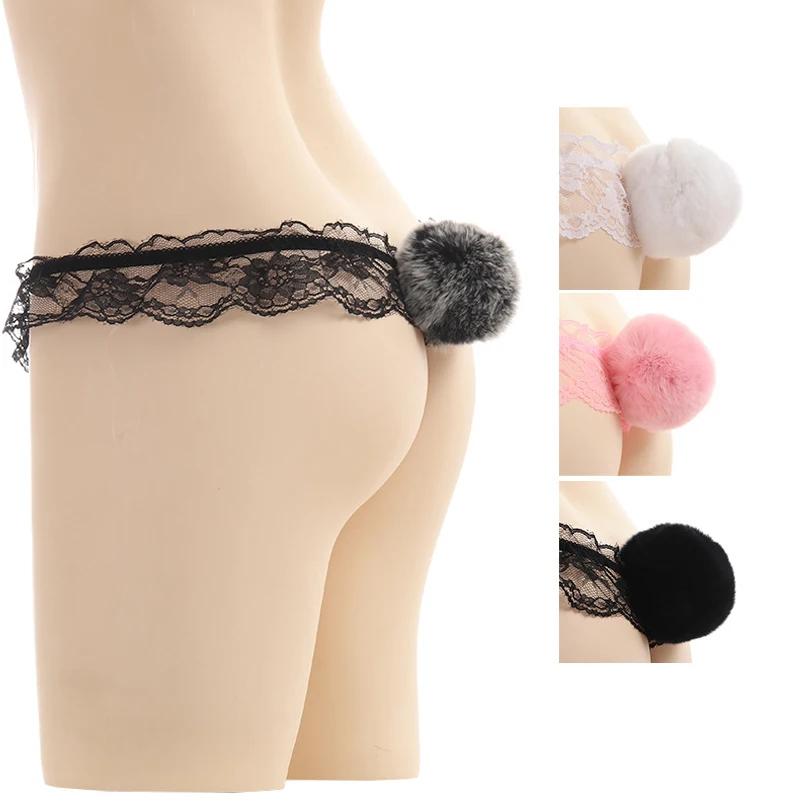 2Pcs Vrouwen Sexy Erotische Open Kruis Parel Slips Kanten Ondergoed Leuke Bunny Bal Cosplay Slipje Konijn G-string T-terug Lingerie