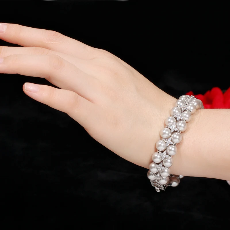 CWWZircons Elegant Fashion Silver Color Big Wide Gray Pearl Bracelets with Cubic Zirconia Women Wedding Party Jewelry Gift CB201