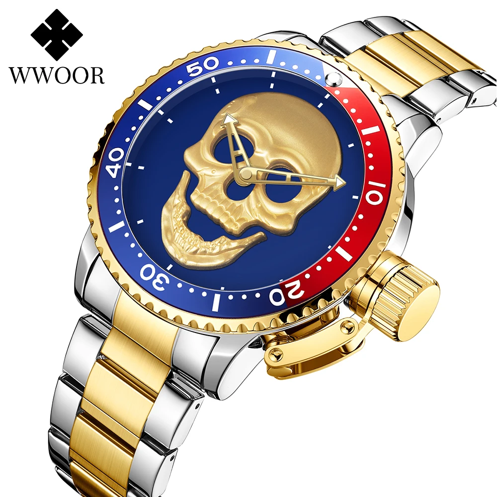 WWOOR-Relógio Masculino Impermeável em Aço Inoxidável, Relógios Criativos, Relógio Caveira 3D, Marca Top, Moda de Luxo, Novo