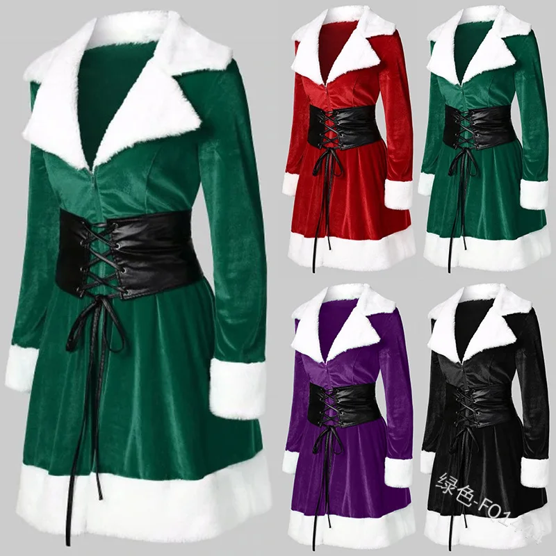 Christmas Costume Dress Women  new Red Green Dress White Velvet Fleece Shawls Deep V-neck Dress Femme Xmas Outfit