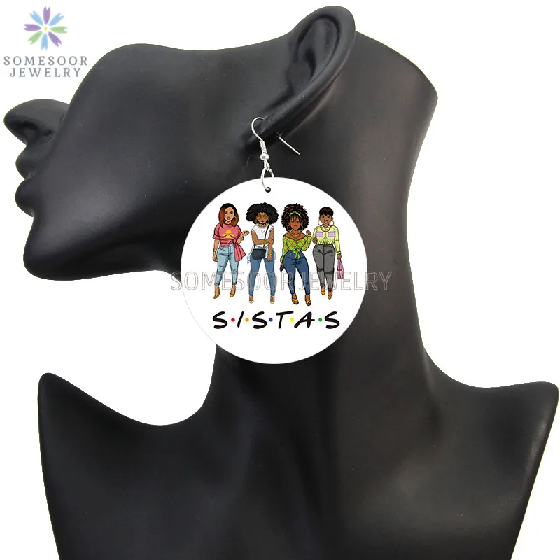 

SOMESOOR Peace Love Melanin Sister African Wooden Drop Earrings Afro Curly Queen Natural Hair Printed Dangle Jewelry For Women