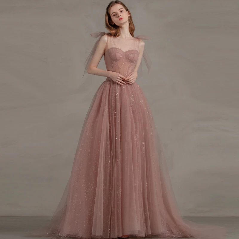 Sequins Luxurious Evening Dress Sleeveless Zipper Back A-Line O-Neck Pleat Floor-Length Tulle New Woman Formal Party Gowns A1586