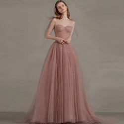 Sequins Luxurious Evening Dress Sleeveless Zipper Back A-Line O-Neck Pleat Floor-Length Tulle New Woman Formal Party Gowns A1586